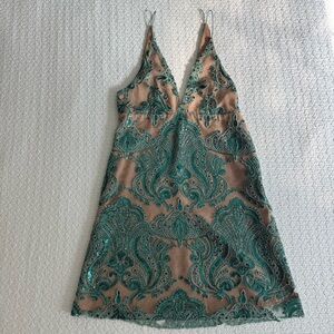 Free People Night Shimmers Mini Dress- Teal and Tan  - Size 0